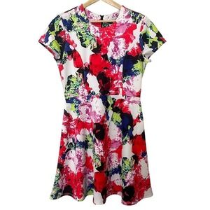 New Milly Cap Sleeve Bright‎ Abstract Floral Print Fit Flare Cocktail Dress 12